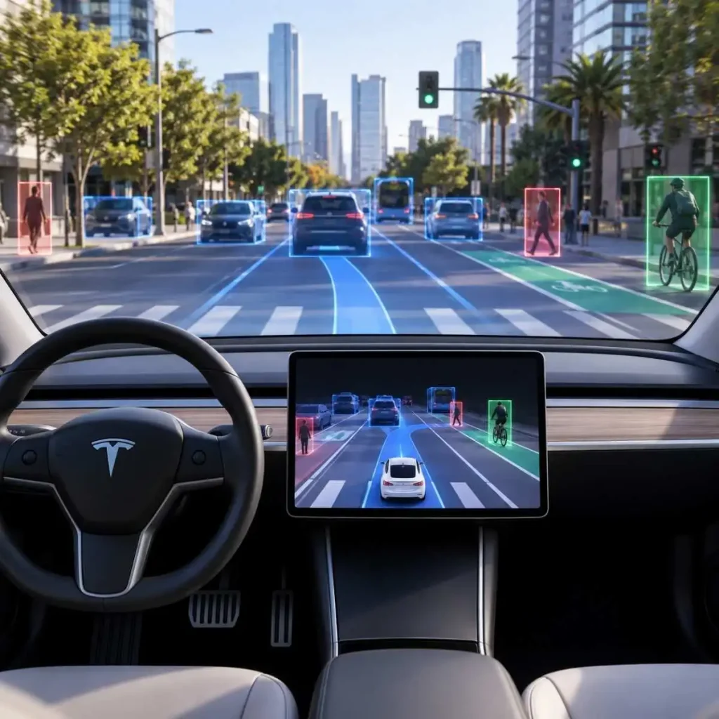 Eslovénia aprova o Tesla FSD 3 imagem gerada por IA representativa do Tesla FSD, em que carros e pessoas estão sinalizados