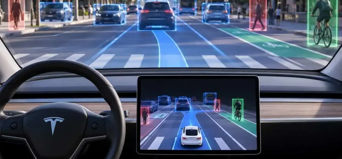 imagem gerada por IA representativa do Tesla FSD, em que carros e pessoas estão sinalizados