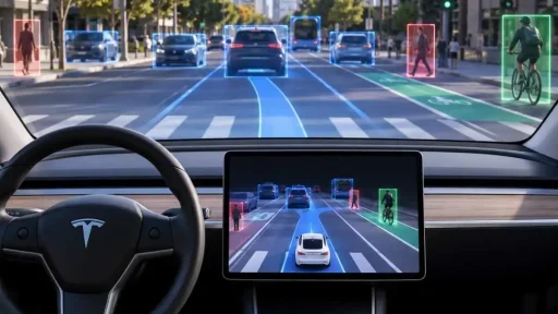 Eslovénia aprova o Tesla FSD 6 imagem gerada por IA representativa do Tesla FSD, em que carros e pessoas estão sinalizados