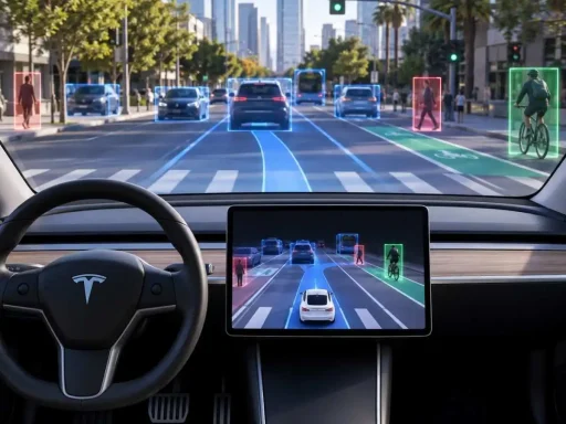Eslovénia aprova o Tesla FSD 4 imagem gerada por IA representativa do Tesla FSD, em que carros e pessoas estão sinalizados
