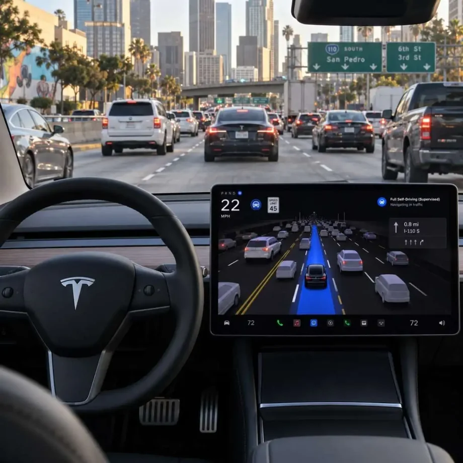 Tesla FSD: votação europeia adiada para dezembro, no mínimo 2 imagem ilustrativa do Tesla FSD em ação. Imagem criada por IA