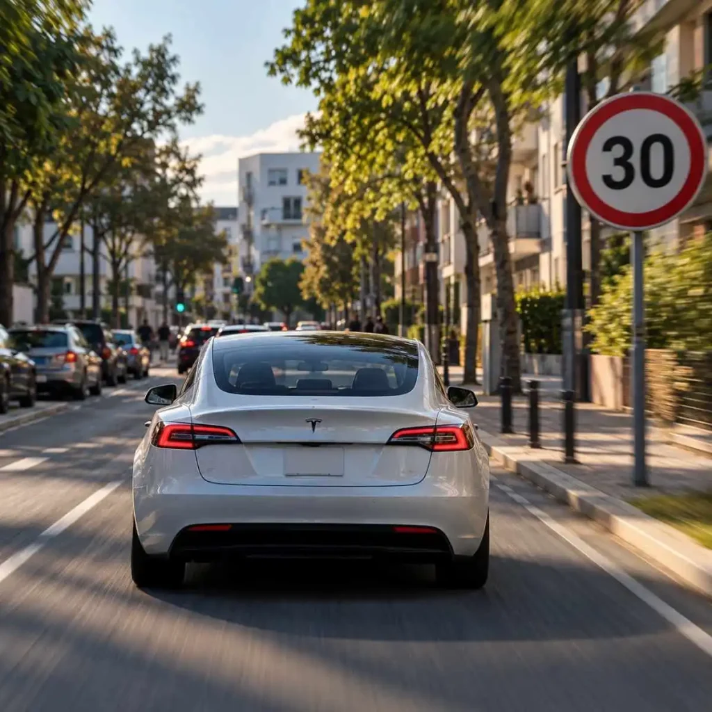 Croácia aprova Tesla FSD enquanto ETSC pede travão europeu 3 imagem ilustrativa do tesla FSD junto de um sinal de trânsito de proibição de circular a mais de 30 km/h. imagem gerada por IA