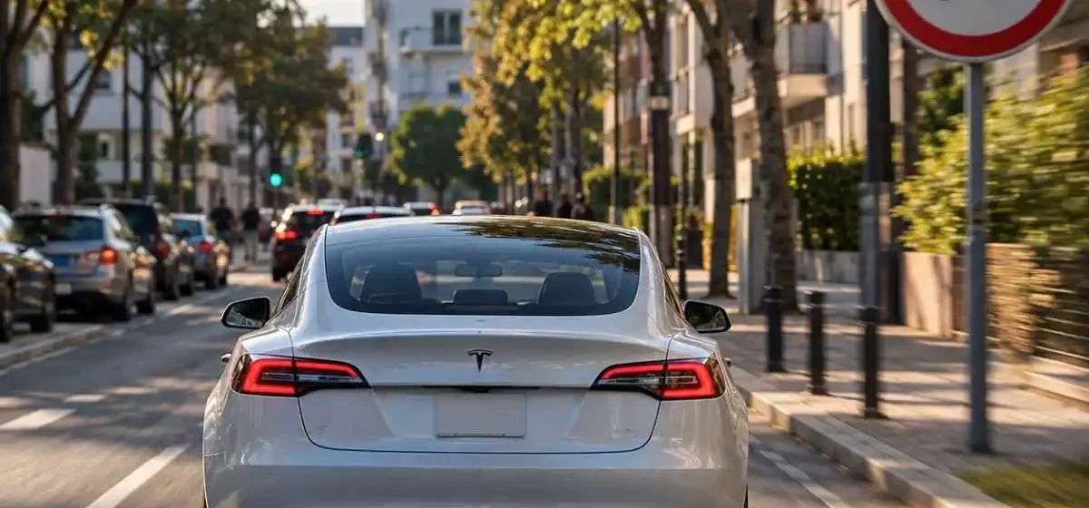 imagem ilustrativa do tesla FSD junto de um sinal de trânsito de proibição de circular a mais de 30 km/h. imagem gerada por IA
