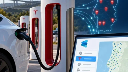 Tesla entra nos dados da rede nacional de carregamento 6 Um tesla a carregar num supercharger em imagem ilustrativa gerada por IA