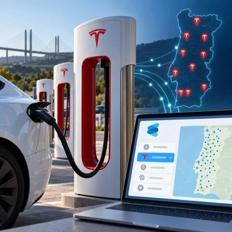 Tesla entra nos dados da rede nacional de carregamento 2 Um tesla a carregar num supercharger em imagem ilustrativa gerada por IA