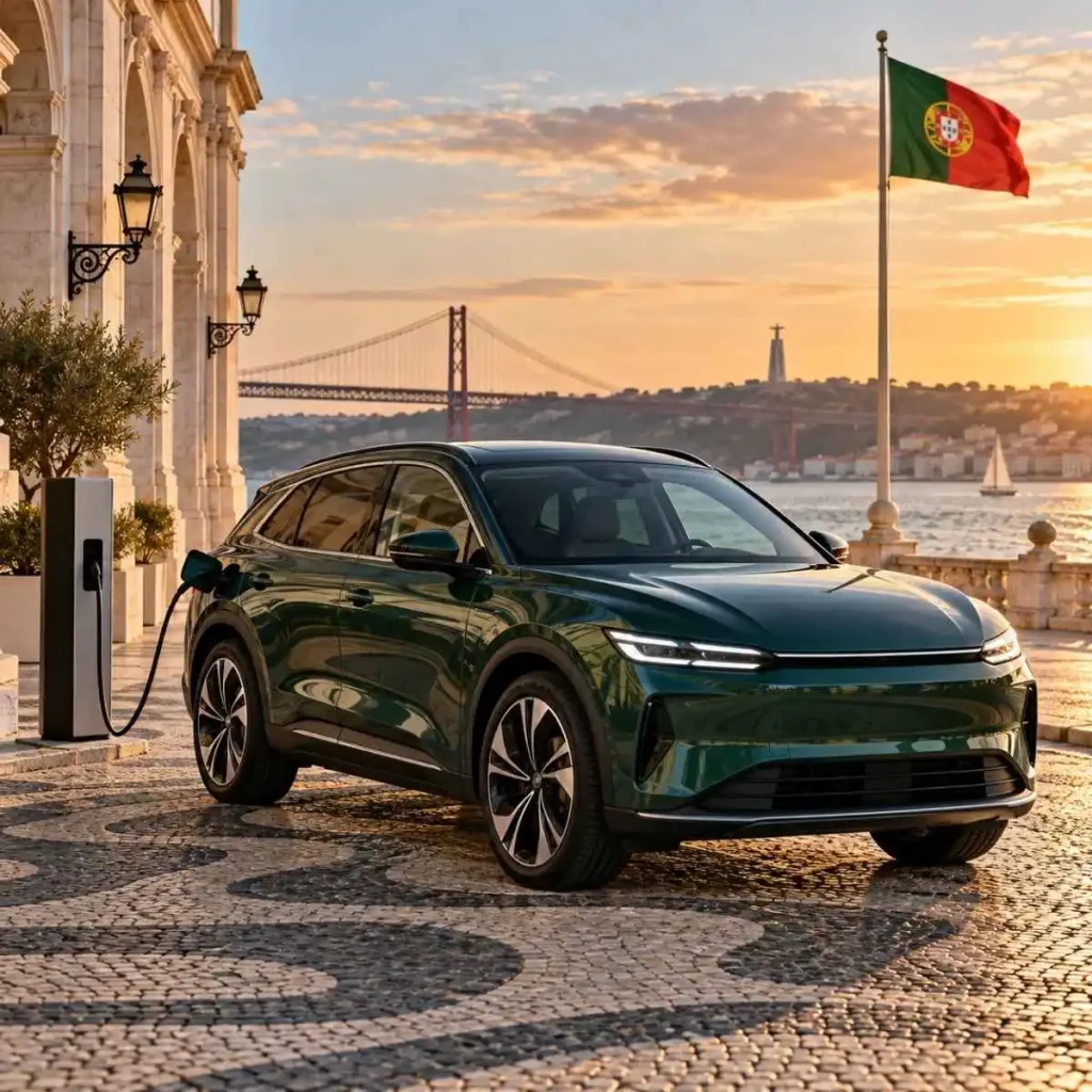 Portugal é 16.º no ranking mundial de carros elétricos da Ember 3 Imagem ilustrativa do artigo. Um carro elétrico estacionado em calçada portuguesa, com a ponte 25 de abril e o cristo rei e a bandeira de Portugal
