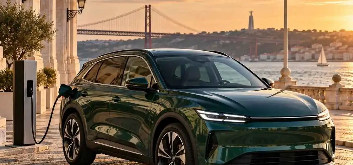 Imagem ilustrativa do artigo. Um carro elétrico estacionado em calçada portuguesa, com a ponte 25 de abril e o cristo rei e a bandeira de Portugal