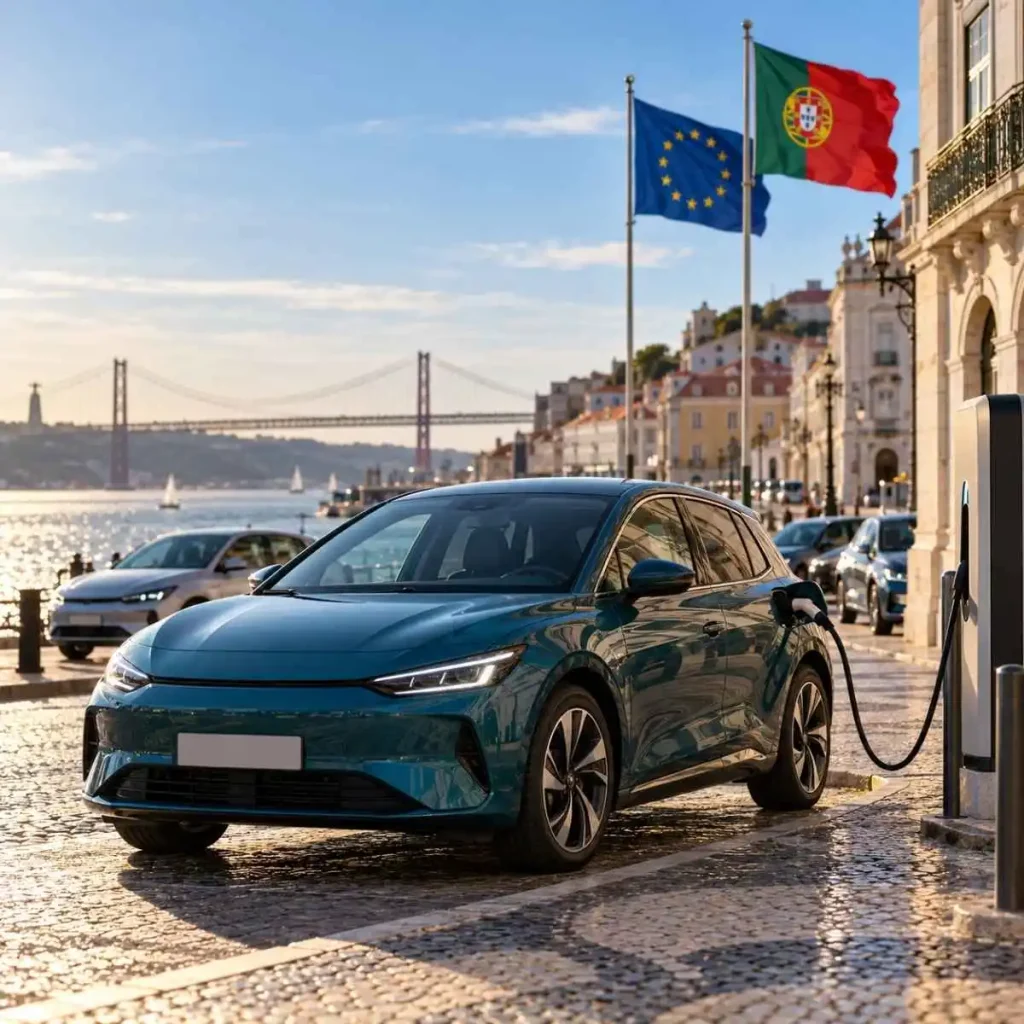 Quota de carros elétricos: Portugal é sétimo na UE em setembro 3 Imagem gerada por IA com um carro elétrico na zona ribeirinha de lisboa, com a ponte 25 de Abril ao fundo e as bandeiras da Europa e de Portugal