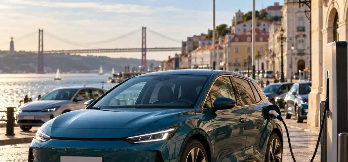 Imagem gerada por IA com um carro elétrico na zona ribeirinha de lisboa, com a ponte 25 de Abril ao fundo e as bandeiras da Europa e de Portugal
