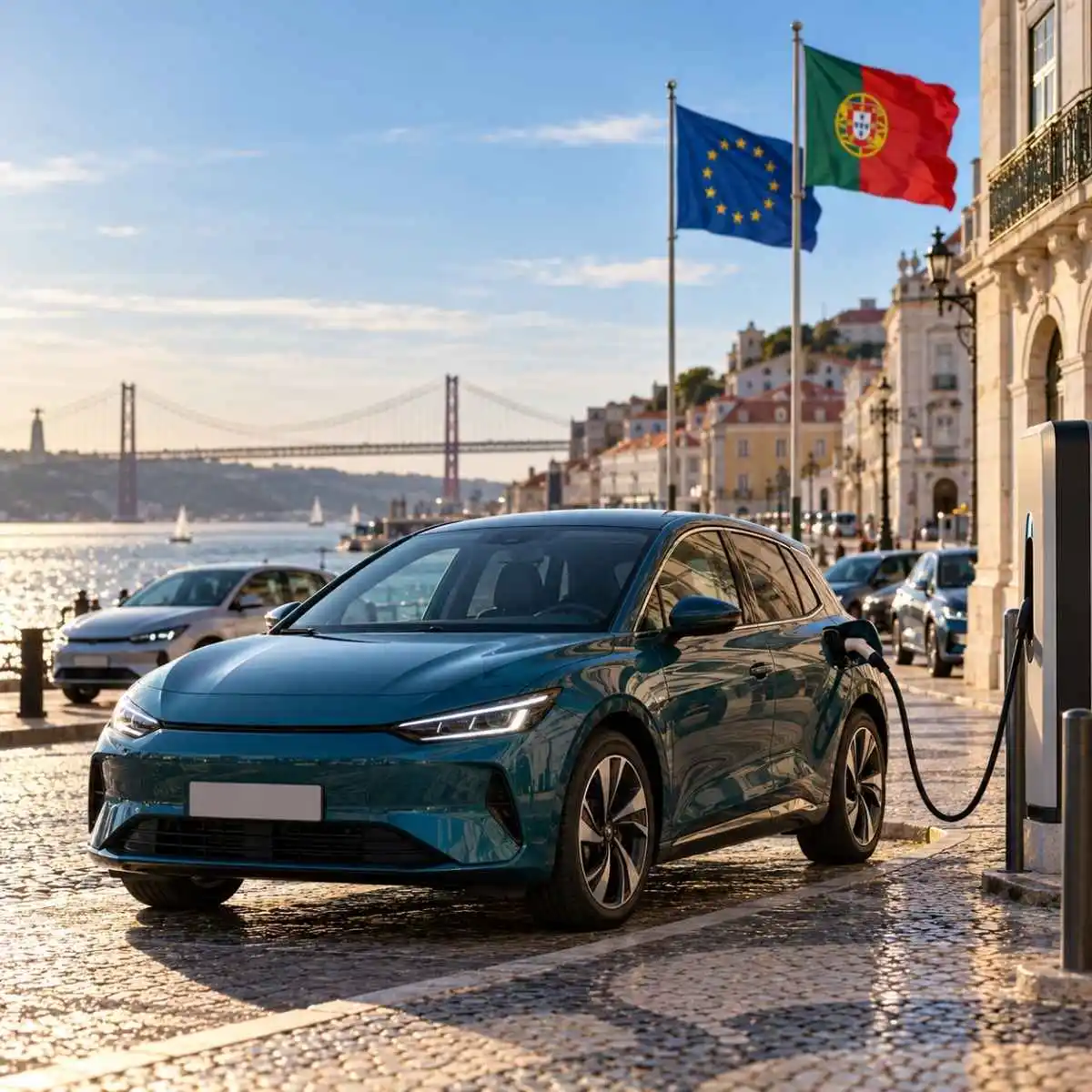 Quota de carros elétricos: Portugal é sétimo na UE em setembro 2 Imagem gerada por IA com um carro elétrico na zona ribeirinha de lisboa, com a ponte 25 de Abril ao fundo e as bandeiras da Europa e de Portugal