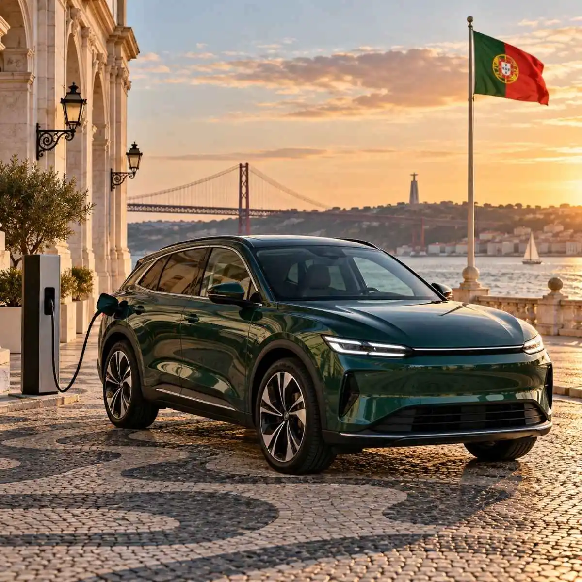 Portugal é 16.º no ranking mundial de carros elétricos da Ember 2 Imagem ilustrativa do artigo. Um carro elétrico estacionado em calçada portuguesa, com a ponte 25 de abril e o cristo rei e a bandeira de Portugal