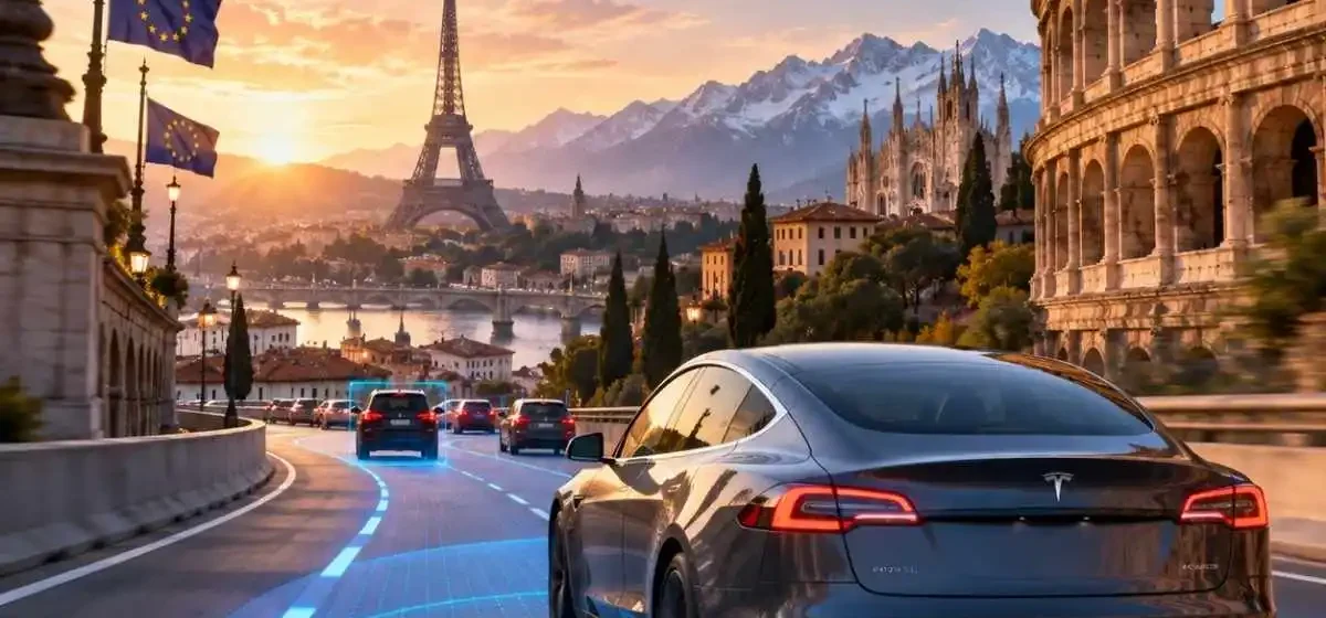 Imagem ilustrativa do Tesla Assisted Driving com um tesla numa estrada com vários edifícios icónicos europeus, imagem gerada por IA