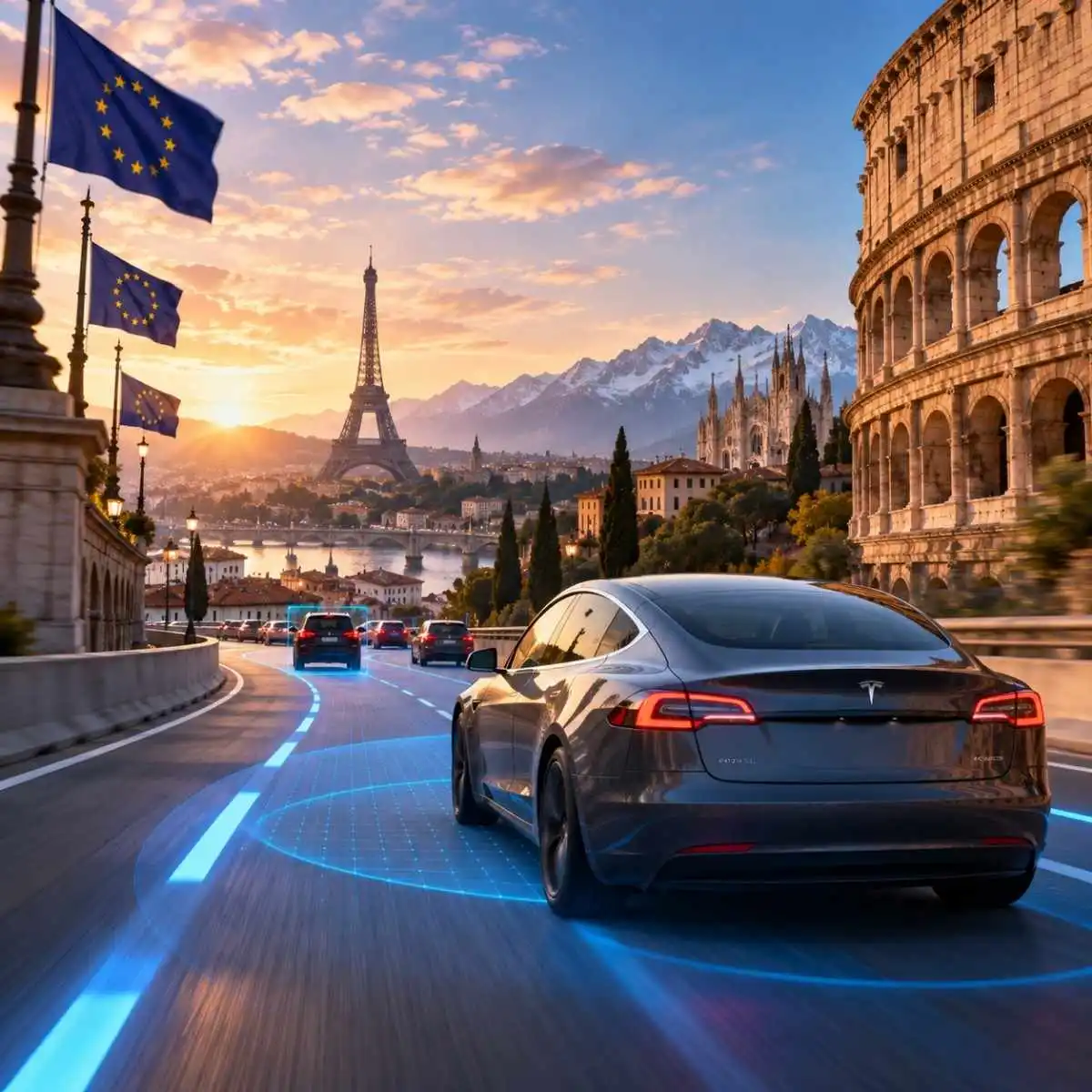 Tesla Assisted Driving: FSD muda de nome na Europa a pedido de Berlim 2 Imagem ilustrativa do Tesla Assisted Driving com um tesla numa estrada com vários edifícios icónicos europeus, imagem gerada por IA