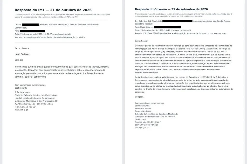 Tesla FSD: IMT diz não ter a avaliação técnica invocada pelo Governo 4 Tesla FSD Portugal respostas