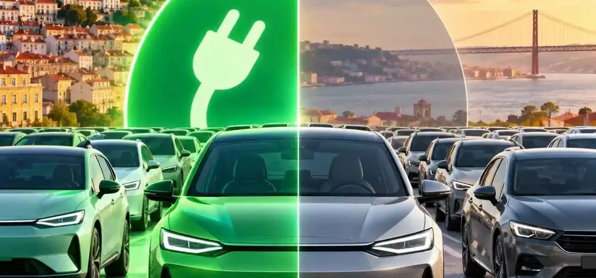 imagem ilustrativa da quota de carros elétricos em setembro. imagem gerada por IA, mostrando um carro com um círculo por trás em que metade é verde e tem uma ficha elétrica