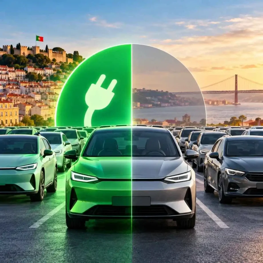 Setembro: carros elétricos chegam aos 47,7% do mercado português 2 imagem ilustrativa da quota de carros elétricos em setembro. imagem gerada por IA, mostrando um carro com um círculo por trás em que metade é verde e tem uma ficha elétrica