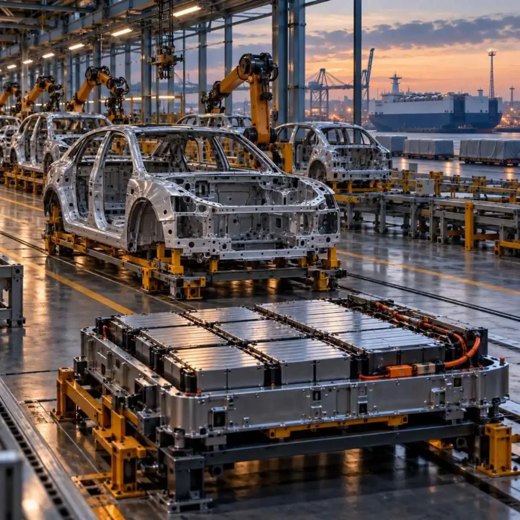 Indústria automóvel europeia: elétrico chinês custa menos 35% a produzir 3 carro elétrico na linha de montagem com barco porta automóveis ao fundo. imagem gerada por IA