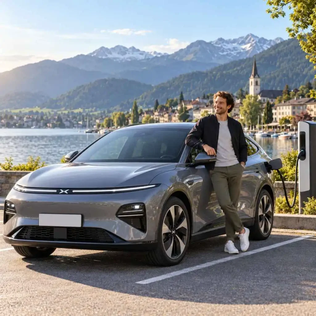 Satisfação com carros elétricos bate recorde, mas carregamento tem nota negativa 3 um jovem com evidente satisfação junto a um Xpeng. imagem gerada por IA