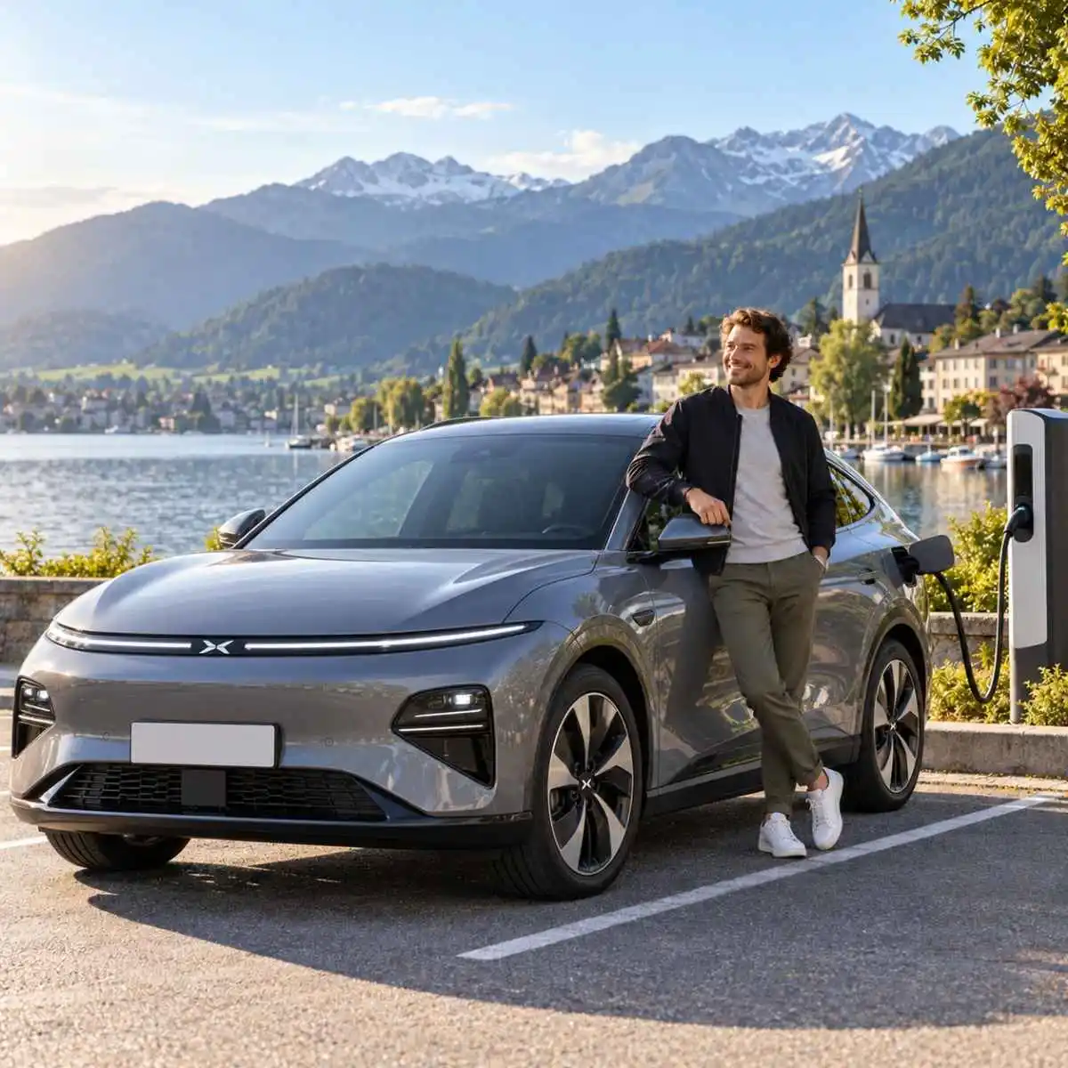 Satisfação com carros elétricos bate recorde, mas carregamento tem nota negativa 2 um jovem com evidente satisfação junto a um Xpeng. imagem gerada por IA