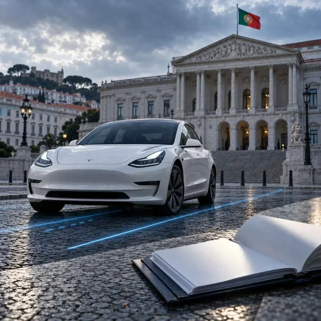 Tesla FSD: IMT diz não ter a avaliação técnica invocada pelo Governo 3 Um tesla em frente à assembleia da república, com um livro em primeiro plano. imagem gerada por IA ilustrativa do artigo sobre o tesla fsd em portugal