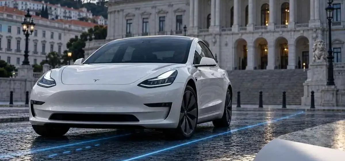 Um tesla em frente à assembleia da república, com um livro em primeiro plano. imagem gerada por IA ilustrativa do artigo sobre o tesla fsd em portugal