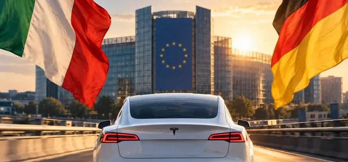 Um Model 3 dirige-se à sede da UE, ladeado por grandes bandeiras da Itália e Alemanha. Imagem gerada por IA
