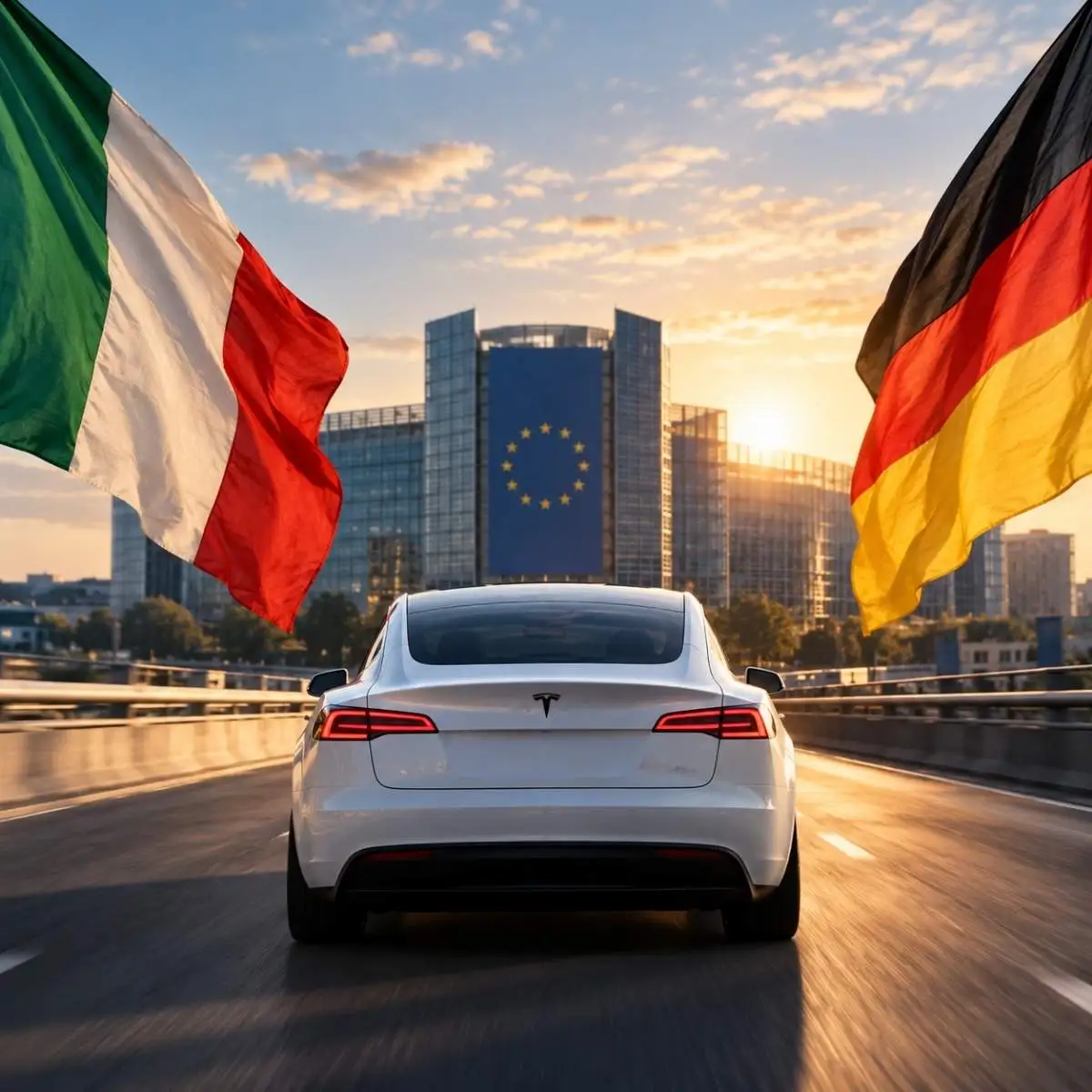 Tesla FSD: com Itália a bordo, faltam três países à maioria qualificada 2 Um Model 3 dirige-se à sede da UE, ladeado por grandes bandeiras da Itália e Alemanha. Imagem gerada por IA
